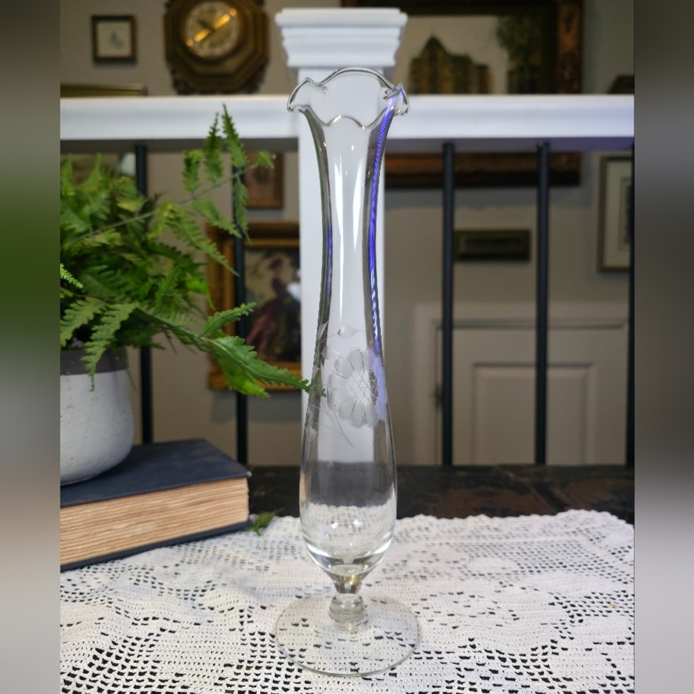 Vintage 10" Etched Glass Bud Vase Footed Scalloped Fluted Rim Clear Floral